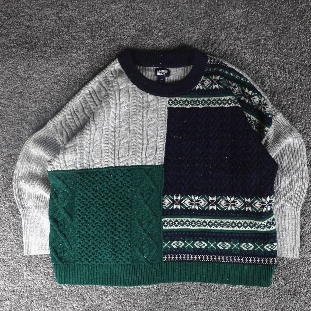 Lands' End Women's Large Patchwork Cable Knit Sweater Green Navy Gray Fair Isle